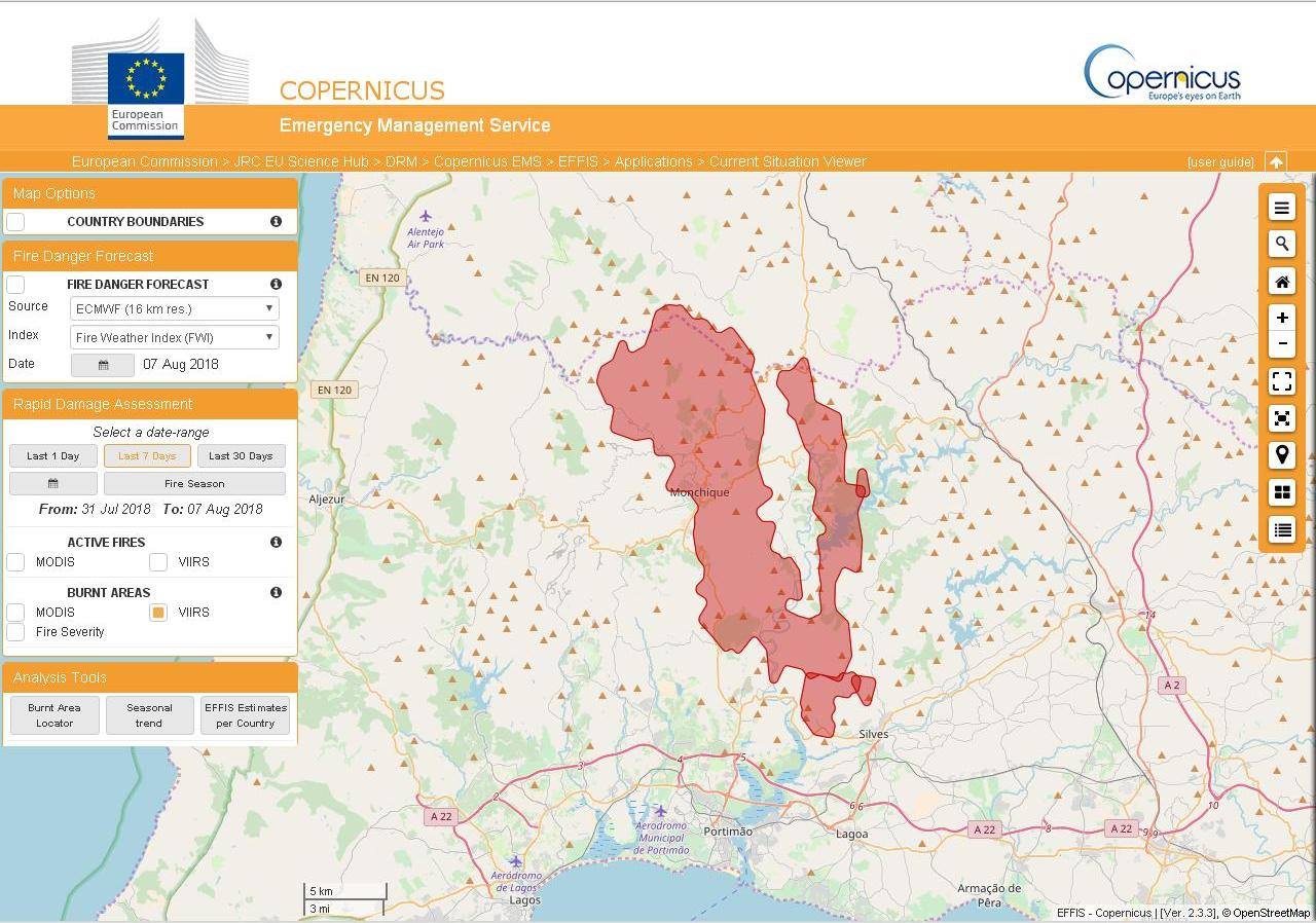Sul Informação - Copernicus atualiza área ardida no fogo de Monchique, que esta manhã rondava já 19 mil hectares