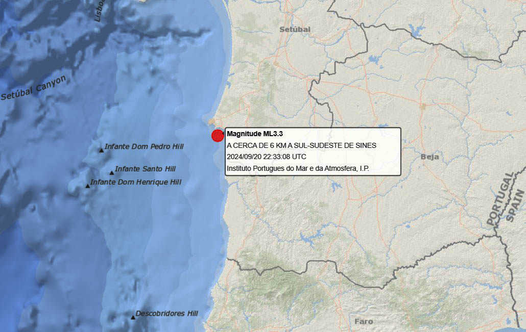 Sul Informação - Sismo de magnitude 3,3 no mar ao largo de Sines foi sentido
