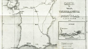 Excerto da Carta da rede telegráfica em 1860 (in Memória histórica acerca da telegrafia eléctrica em Portugal).|Albufeira|Alcoutim|Faro|Mesa telegrafica-Bréguet utilizada na inauguração do telégrafo elétrico em Portugal (Museu das Comunicações