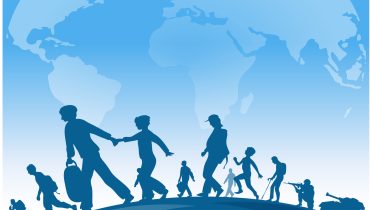 immigration people walk under world map background